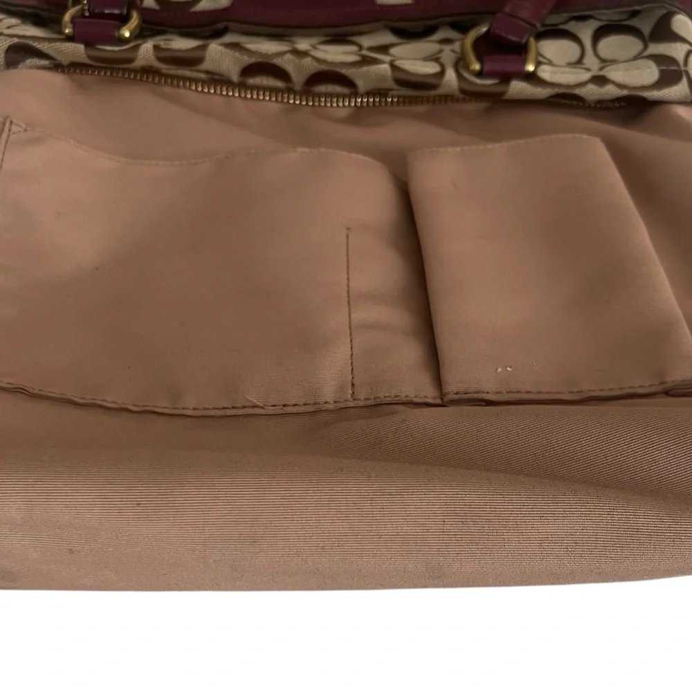 Coach Signature Stripe Khaki Brown Canvas Tote Bag Burgundy Leather Trim F28504